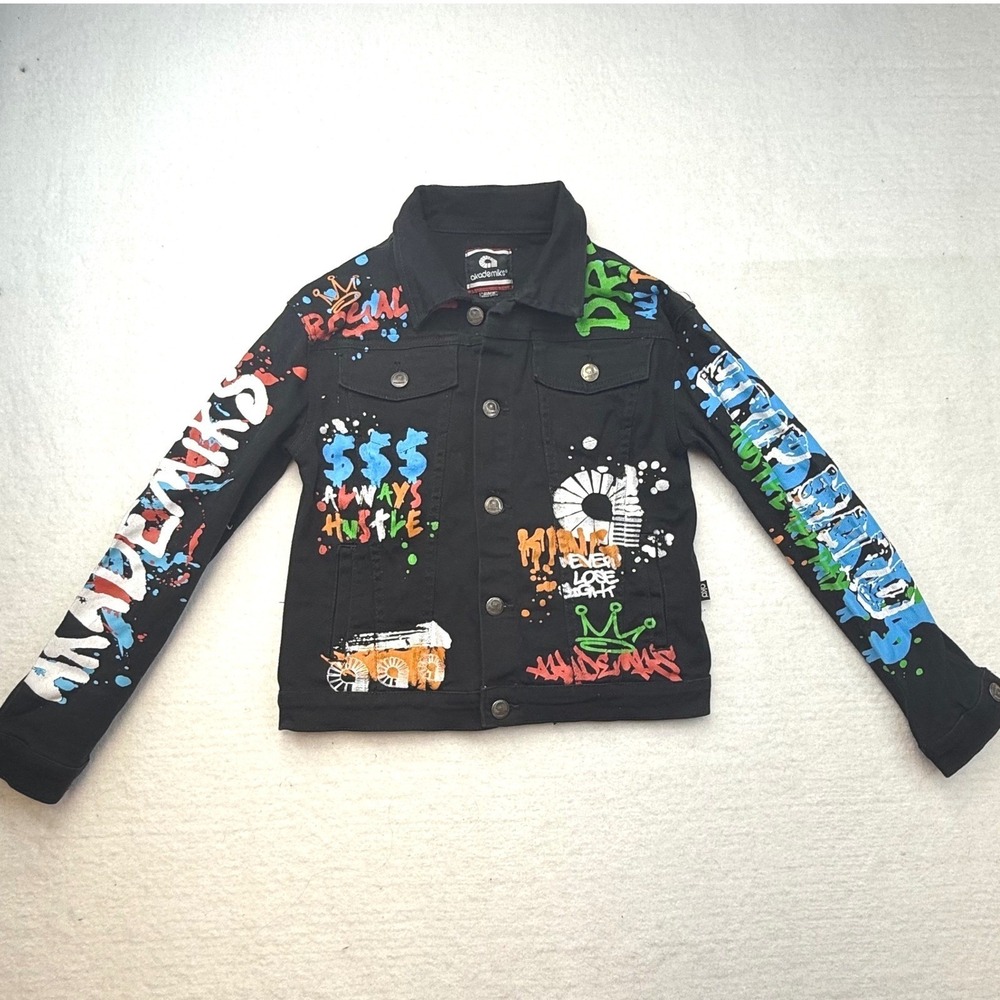 Akademiks Jean Jacket Black Y2K Graffiti Denim Jacket Street Size L 14/16 - Picture 2 of 14